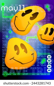 Rave trip party poster. Abstract psychedelic music festival invitation design with acid emoji and pattern. Groovy cover or flyer for hipster event in nightclub. Cartoon flat vector illustration