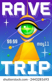 Rave trip party poster. Psychedelic acid flyer with Egyptian pyramid with eye and lettering. Groovy invitation design for hipster music festival in nightclub. Cartoon flat vector illustration