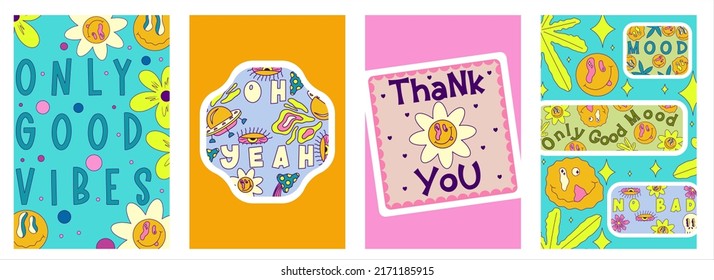 Rave trippy poster set with patches, smile, sticker. Modern retro abstract design. Abstract trippy psychedelic smile pattern. 60s, 70s, hippie. Rave psychedelic acid sticker poster. Vector illustratio