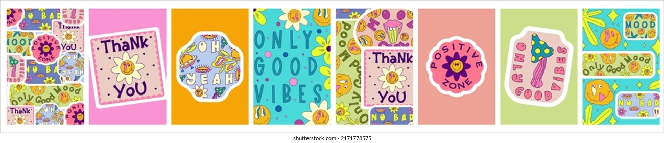 Rave Trippy Poster Set With Patches, Smile, Sticker. Modern Retro Abstract Design. Abstract Trippy Psychedelic Smile Pattern. 60s, 70s, Hippie. Rave Psychedelic Acid Sticker Poster. Vector Illustratio