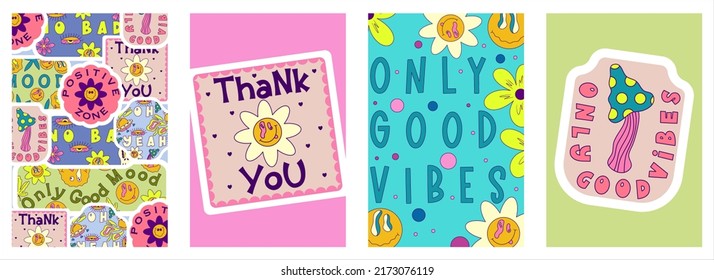 Rave trippy poster set with patches, smile, sticker. Modern retro abstract design. Abstract trippy psychedelic smile pattern. 60s, 70s, hippie. Rave psychedelic acid sticker poster. Vector illustratio
