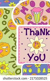 Rave trippy poster with smile, sticker. Modern retro abstract design. Abstract trippy psychedelic smile pattern. 60s, 70s, hippie. Rave psychedelic acid sticker poster. Vector illustration