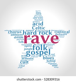 Rave. Word cloud, five-pointed star, gradient grey background. Music concept.	