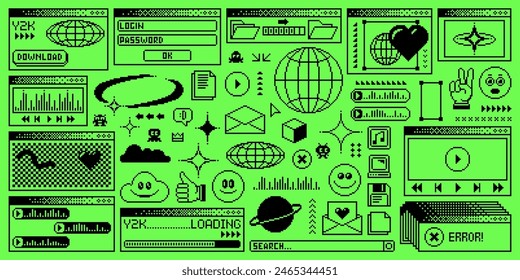 Rave y2k computer window page. Vector pc desktop with interface folders, loading bar. Program error, e-mail, browser and menu icons. Acid toxic green screen background in old 2000s aesthetic style