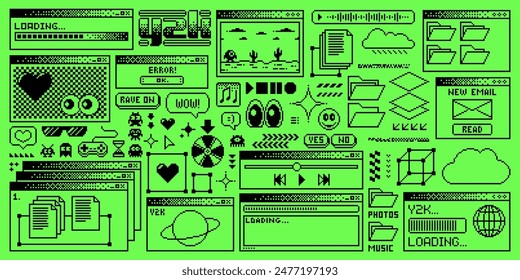 Rave Y2K computer window page with acid green interface screen and pixel buttons, vector background. Acid rave Y2K computer windows with 8 bit loading bars, file folders, music player and message box