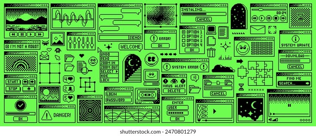 Rave y2k window page, computer interface menu. Vector pc desktop with folders, loading bar. Program error, e-mail, browser and icons. Acid toxic green screen background in old 2000s aesthetic style