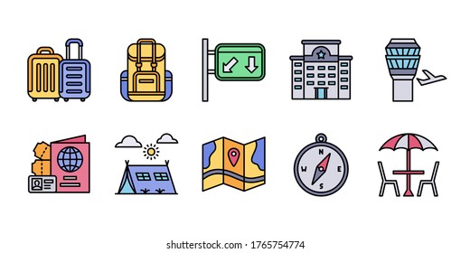 ravel icon set backpack suitcase hotel airport passport compass cafe with filled color style flat design