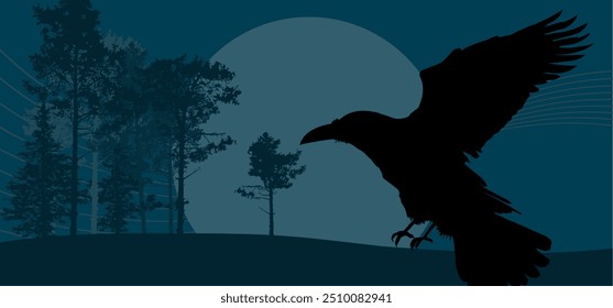  A raven against the background of the night sky. Halloween background, banner with blank space