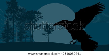  A raven against the background of the night sky. Halloween background, banner with blank space