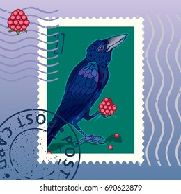 Raven with berry. Vector illustration. Stamp. Mark. Postcard.