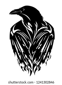 raven bird with closed wings - black and white vector outline