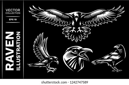 Raven bird collection - vector illustration, logo, emblem black and white, one color.