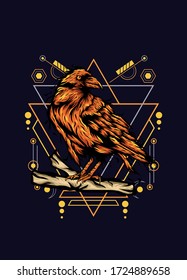 Raven, bird crow, vector illustration with sacred geometry pattern for t shirt design