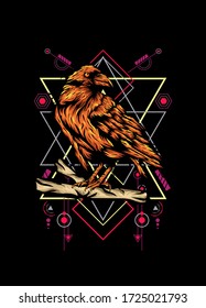 Raven, bird crow, vector illustration with sacred geometry pattern for t shirt design