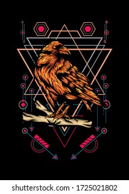 Raven, bird crow, vector illustration with sacred geometry pattern for t shirt design