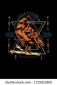 Raven, bird crow, vector illustration with sacred geometry pattern for t shirt design