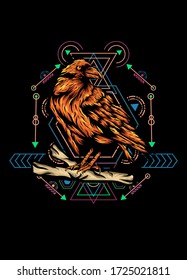 Raven, bird crow, vector illustration with sacred geometry pattern for t shirt design