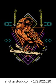 Raven, bird crow, vector illustration with sacred geometry pattern for t shirt design