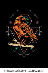 Raven, bird crow, vector illustration with sacred geometry pattern for t shirt design