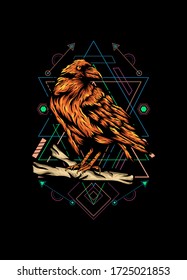 Raven, bird crow, vector illustration with sacred geometry pattern for t shirt design