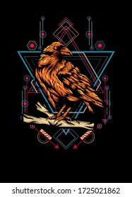 Raven, bird crow, vector illustration with sacred geometry pattern for t shirt design