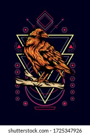 Raven, bird crow, vector illustration with sacred geometry pattern for t shirt design