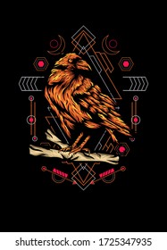 Raven, bird crow, vector illustration with sacred geometry pattern for t shirt design