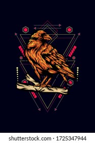 Raven, bird crow, vector illustration with sacred geometry pattern for t shirt design