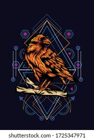 Raven, bird crow, vector illustration with sacred geometry pattern for t shirt design