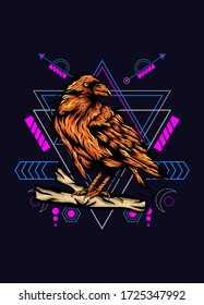 Raven, bird crow, vector illustration with sacred geometry pattern for t shirt design