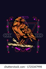 Raven, bird crow, vector illustration with sacred geometry pattern for t shirt design