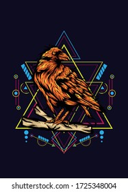 Raven, bird crow, vector illustration with sacred geometry pattern for t shirt design