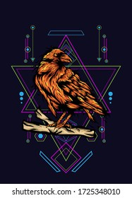 Raven, bird crow, vector illustration with sacred geometry pattern for t shirt design