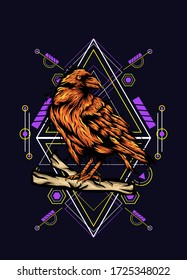 Raven, bird crow, vector illustration with sacred geometry pattern for t shirt design