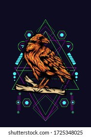 Raven, bird crow, vector illustration with sacred geometry pattern for t shirt design