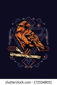 Raven, bird crow, vector illustration with sacred geometry pattern for t shirt design