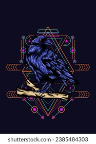 Raven, bird crow, vector illustration with sacred geometry pattern for t shirt design