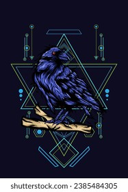 Raven, bird crow, vector illustration with sacred geometry pattern for t shirt design