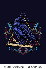 Raven, bird crow, vector illustration with sacred geometry pattern for t shirt design