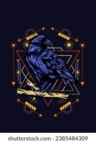 Raven, bird crow, vector illustration with sacred geometry pattern for t shirt design