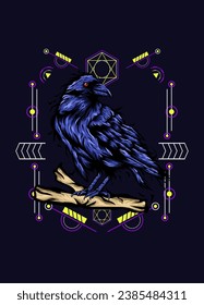 Raven, bird crow, vector illustration with sacred geometry pattern for t shirt design