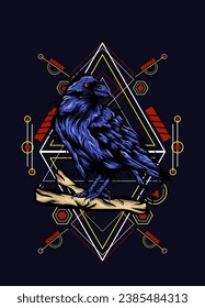 Raven, bird crow, vector illustration with sacred geometry pattern for t shirt design