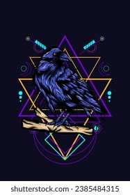 Raven, bird crow, vector illustration with sacred geometry pattern for t shirt design