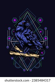 Raven, bird crow, vector illustration with sacred geometry pattern for t shirt design