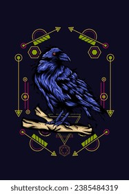 Raven, bird crow, vector illustration with sacred geometry pattern for t shirt design