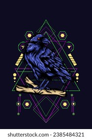 Raven, bird crow, vector illustration with sacred geometry pattern for t shirt design