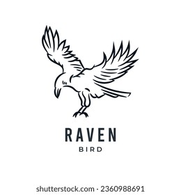 Raven bird or eagle line art hand drawn logo icon vector illustration