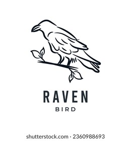 Raven bird or eagle line art hand drawn logo icon vector illustration