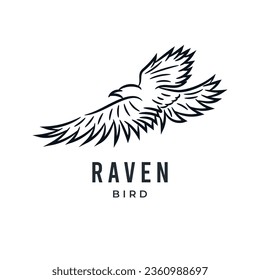 Raven bird or eagle line art hand drawn logo icon vector illustration