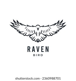 Raven bird or eagle line art hand drawn logo icon vector illustration